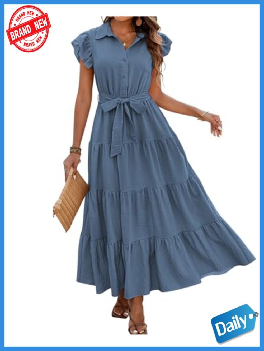 Cap Sleeve V-Neck Button Belted Tiered Boho Maxi Dress with Pockets